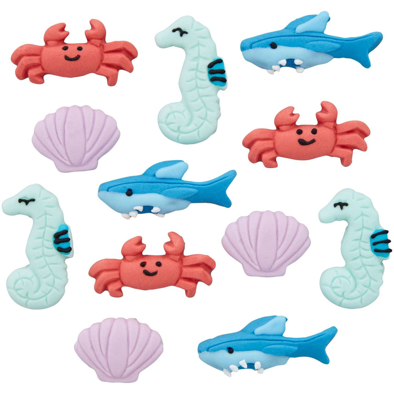 Décorations en glaçage royal en forme de crabe, coquillage, hippocampe et requin (12 pièces) - Wilton - Décors sucrés - - La Guilde Culinaire