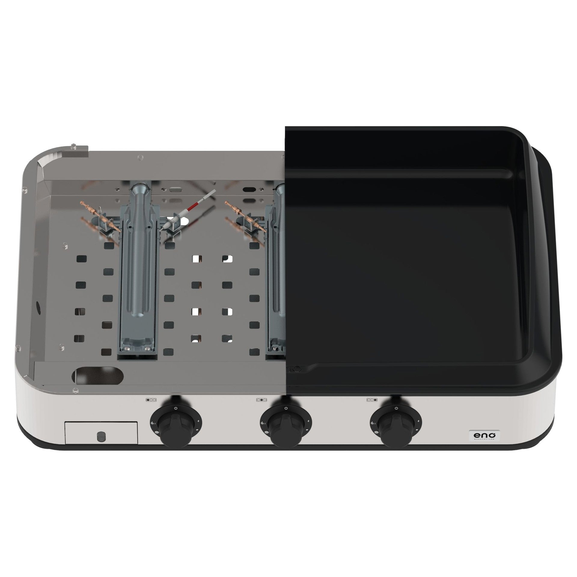 Eno - Ensemble Plancha 3 brûleurs et couvercle ENOSIGN 80 - Noir et Inox - ENO - Ensemble plancha - - La Guilde Culinaire