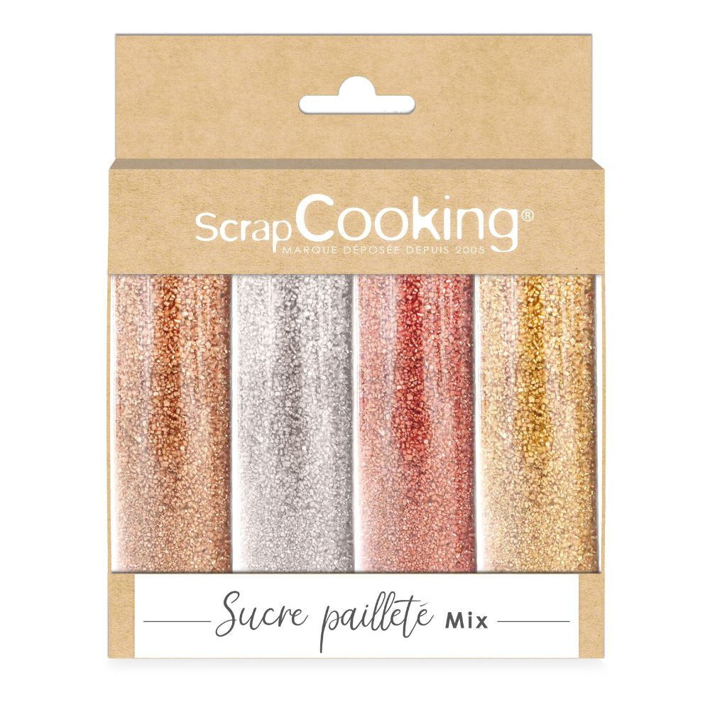 Lot de 4 sucres pailletés or, or rose, argent, rubis 76g - Scrapcooking - Sucres pailletés - - La Guilde Culinaire