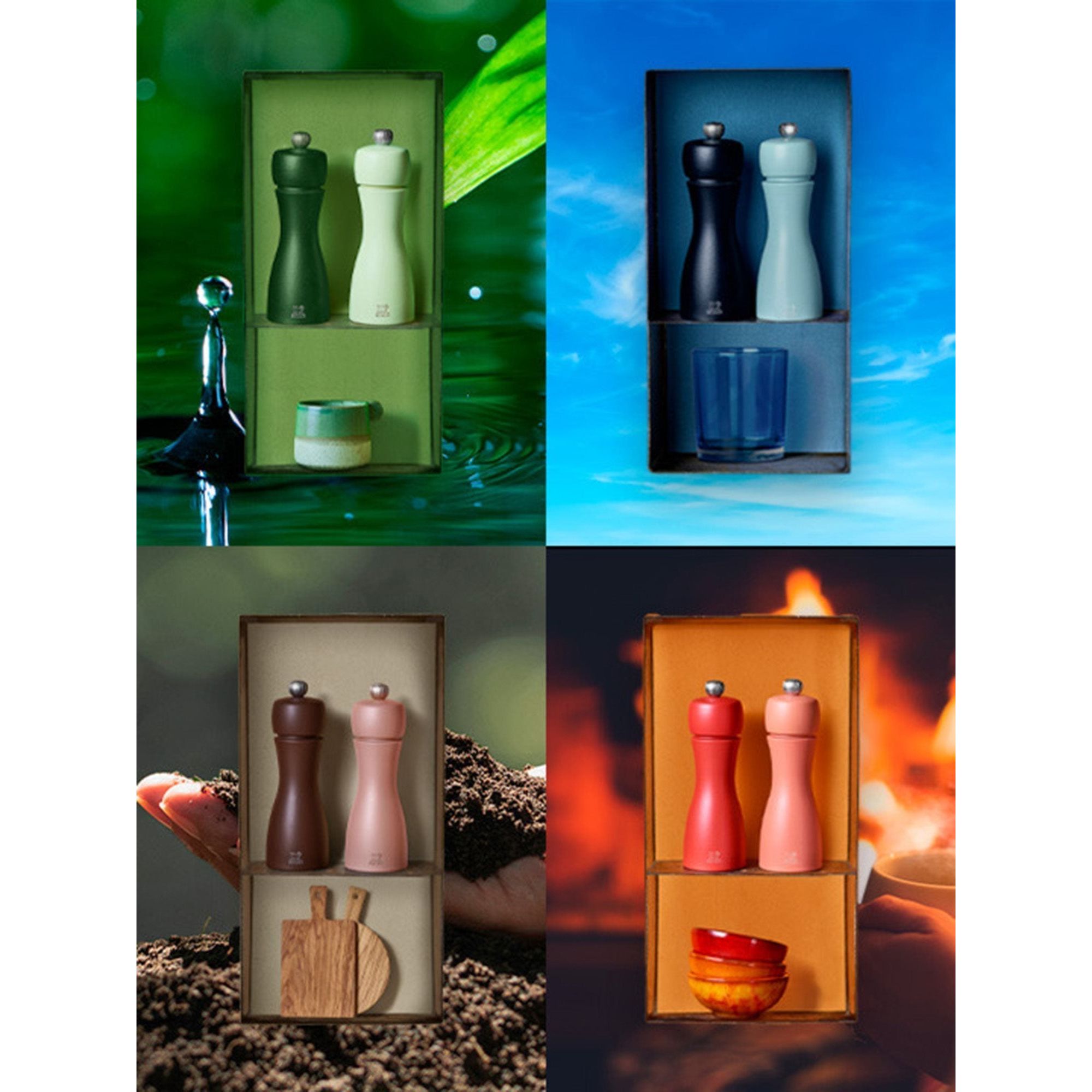 Duo de moulins à poivre et à sel manuels en bois 15 cm - "Tahiti Feu" - Peugeot - Moulin à poivre, sel, et épices - - La Guilde Culinaire