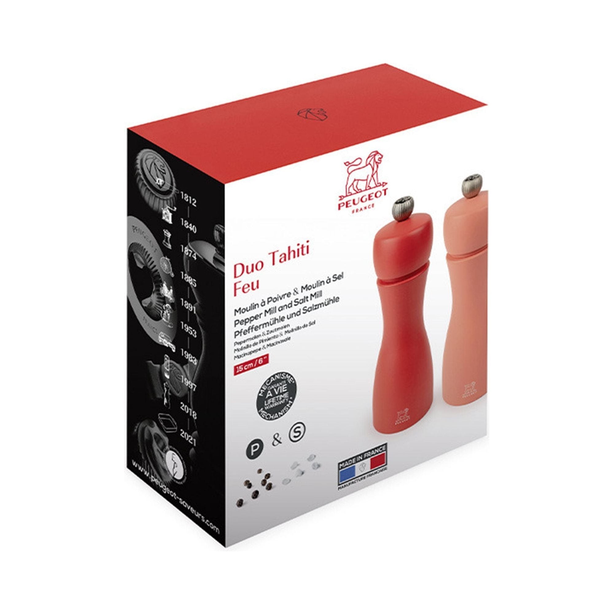 Duo de moulins à poivre et à sel manuels en bois 15 cm - "Tahiti Feu" - Peugeot - Moulin à poivre, sel, et épices - - La Guilde Culinaire