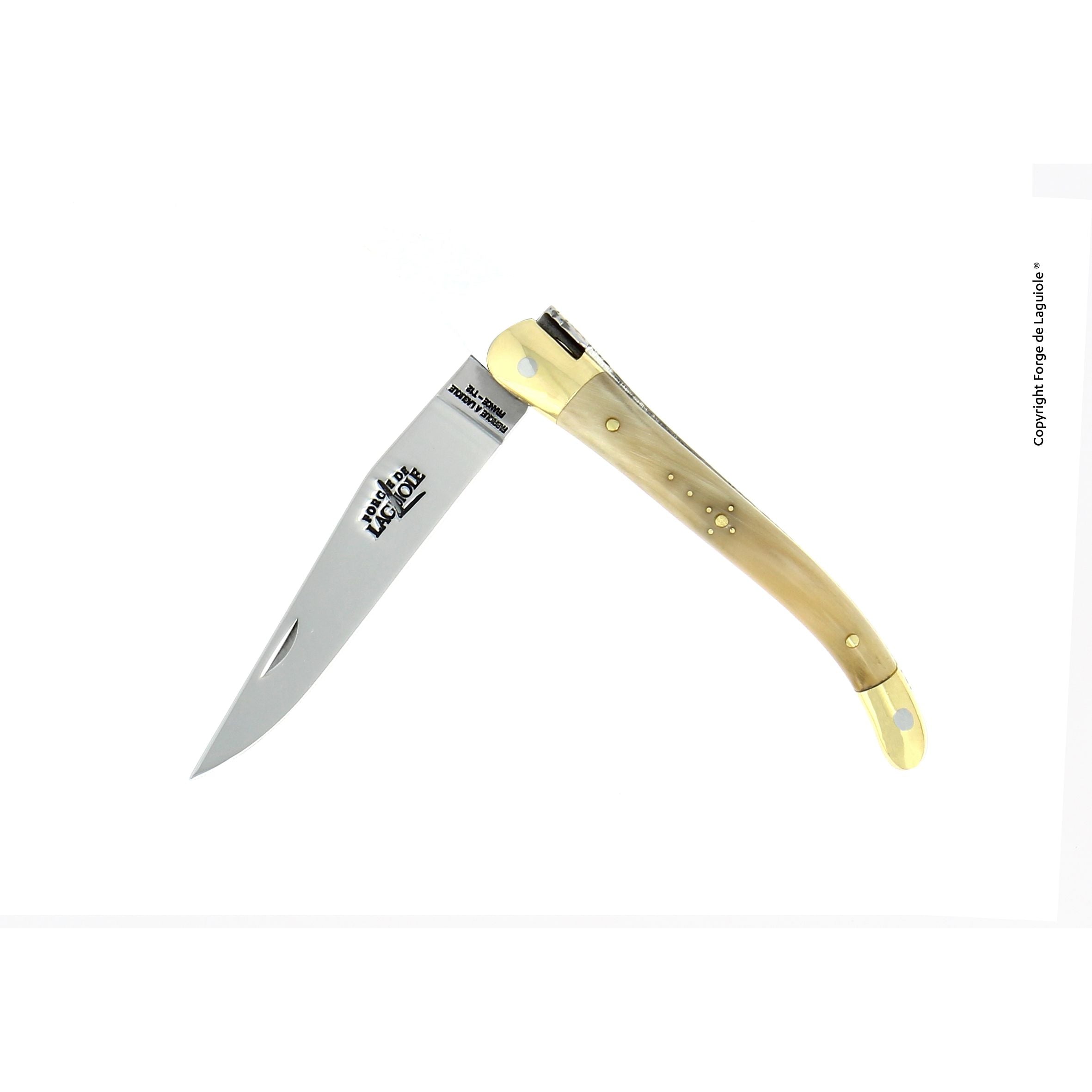 Couteau pliant 9 cm, mitres Laiton, Pointe de corne claire – Laguiole - Laguiole - Porte-clefs - - La Guilde Culinaire