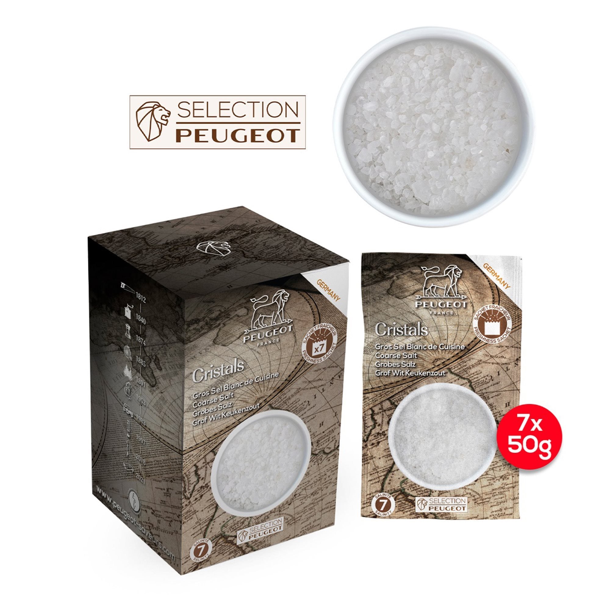 Gros sel blanc - 7 sachets de 50g - Peugeot - Sel - - La Guilde Culinaire