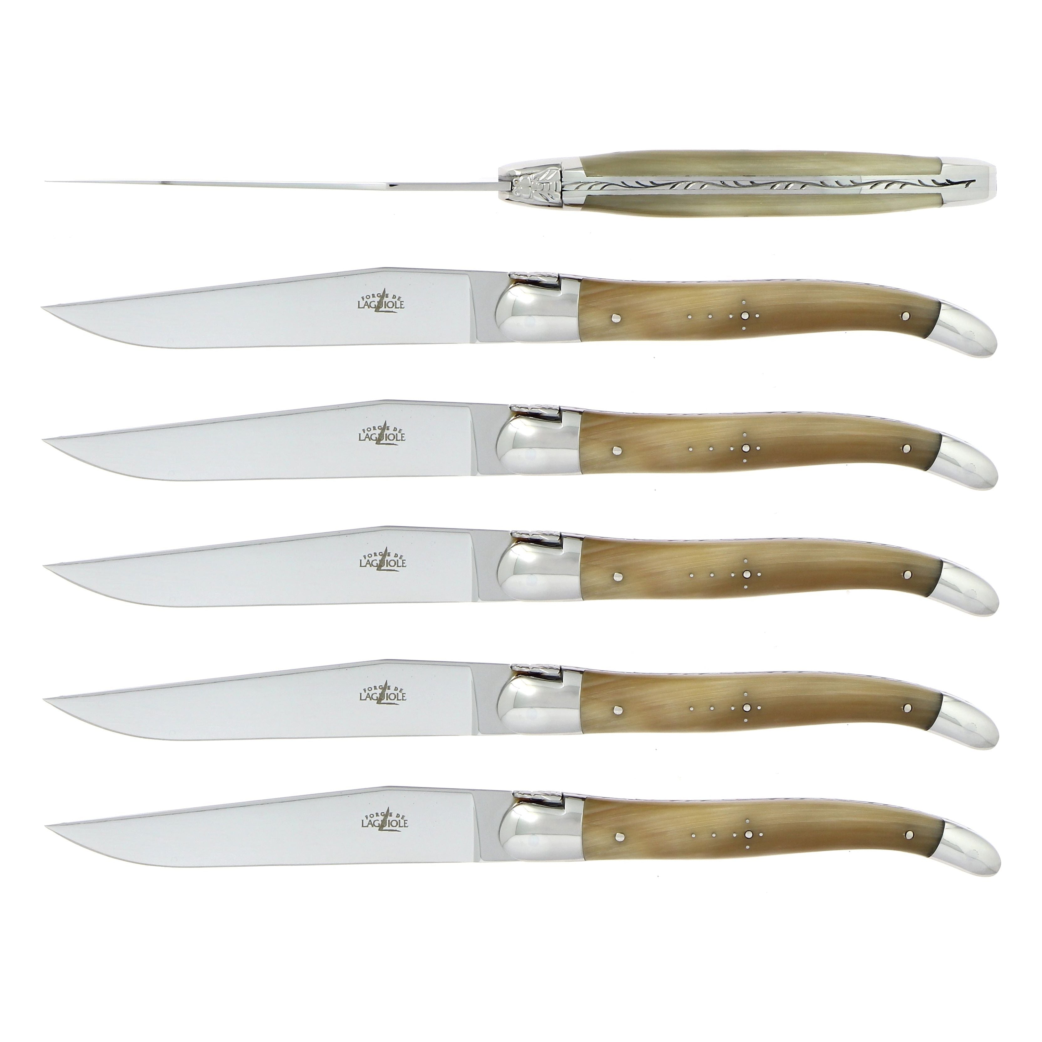 Coffret de 6 couteaux de table, mitre inox brillant, Pointe de corne claire – Laguiole - Laguiole - Couteau à steak - - La Guilde Culinaire