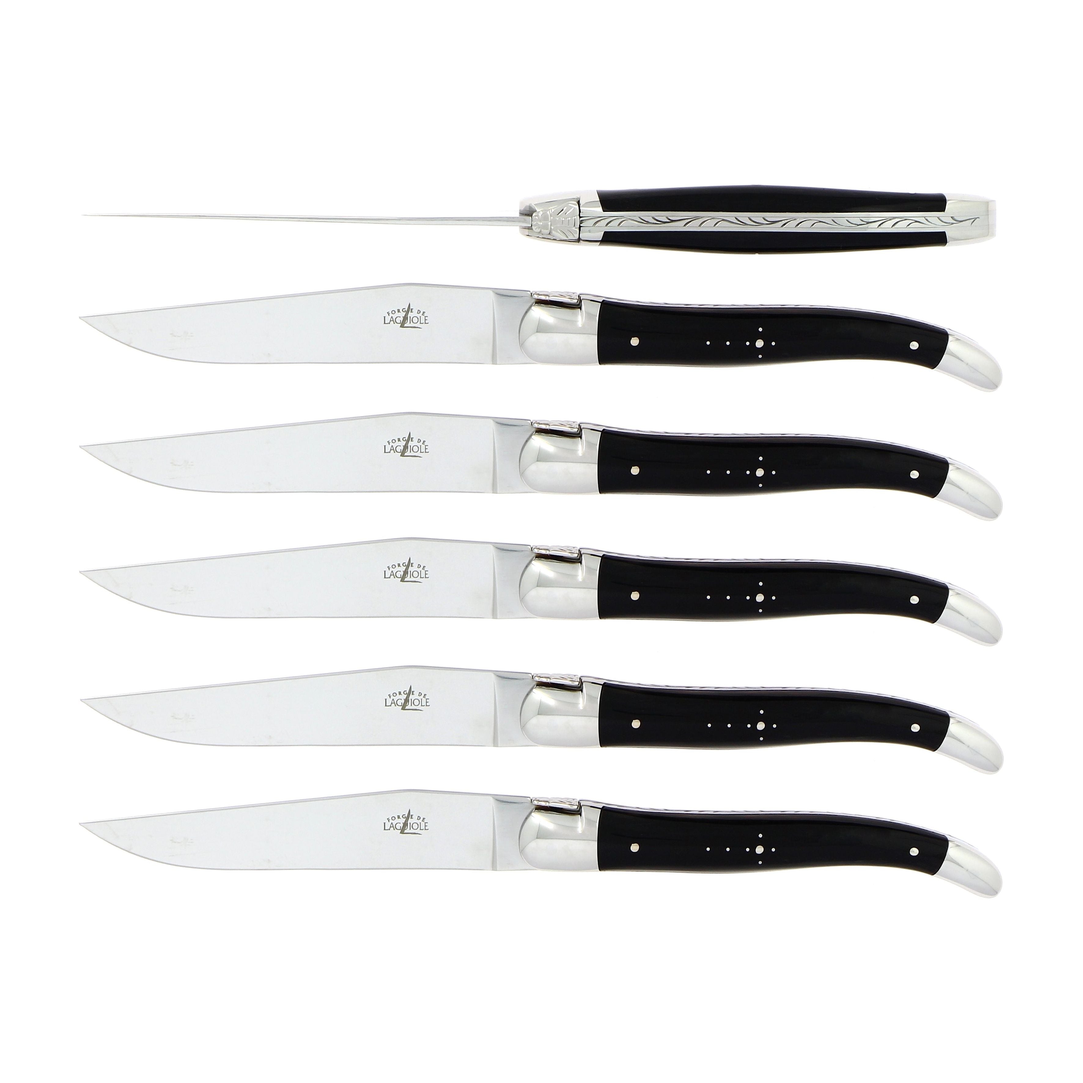 Coffret de 6 couteaux de table, mitre inox brillant, Pointe de corne foncée – Laguiole - Laguiole - Couteau à steak - - La Guilde Culinaire