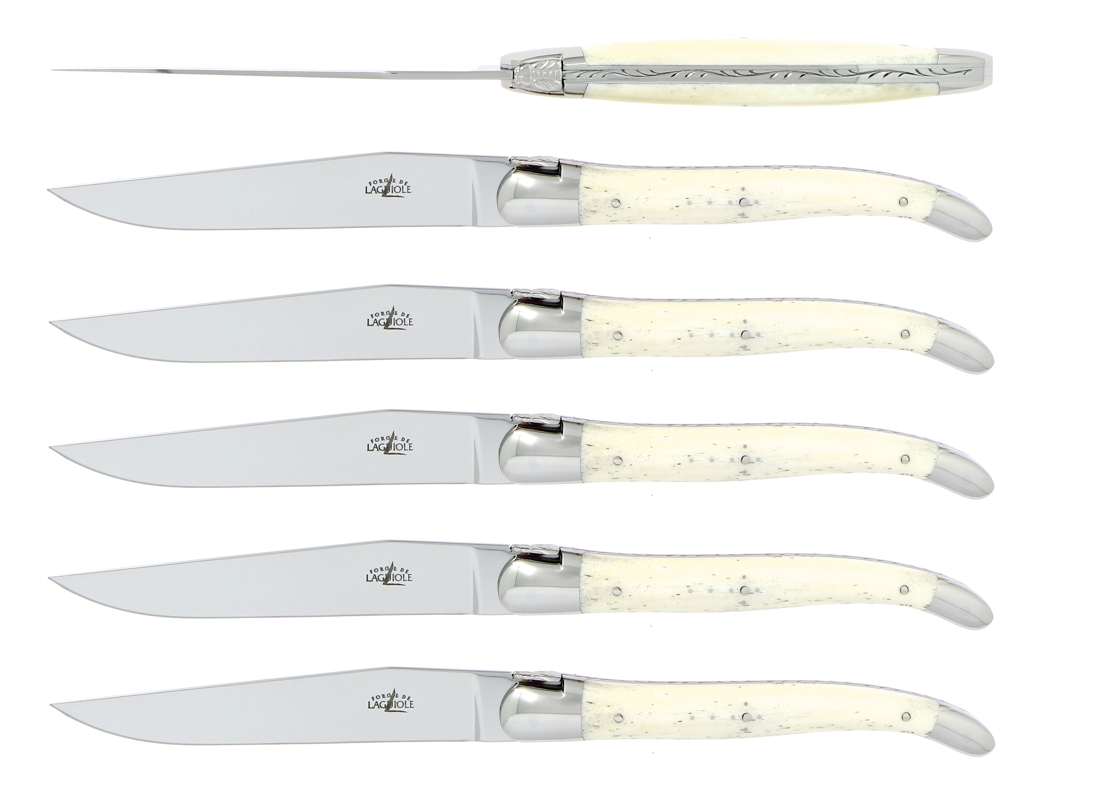 Coffret de 6 couteaux de table, mitre inox brillant, Os – Laguiole - Laguiole - Couteau à steak - - La Guilde Culinaire
