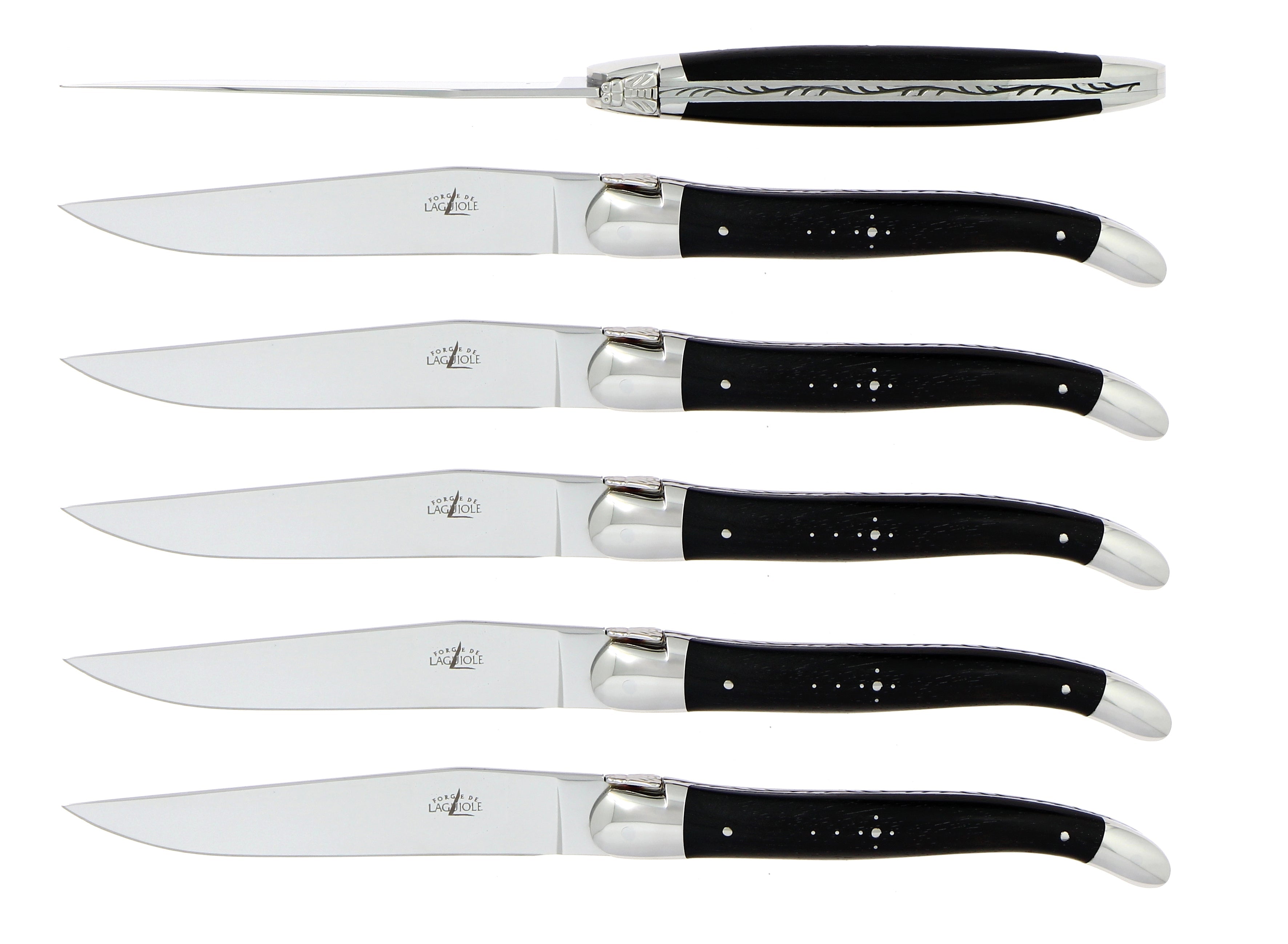 Coffret de 6 couteaux de table, manche en bois, mitre inox brillant – Laguiole Ébène - Laguiole - Couteau à steak - 00004554 - T6 2M IN EB BRI - La Guilde Culinaire