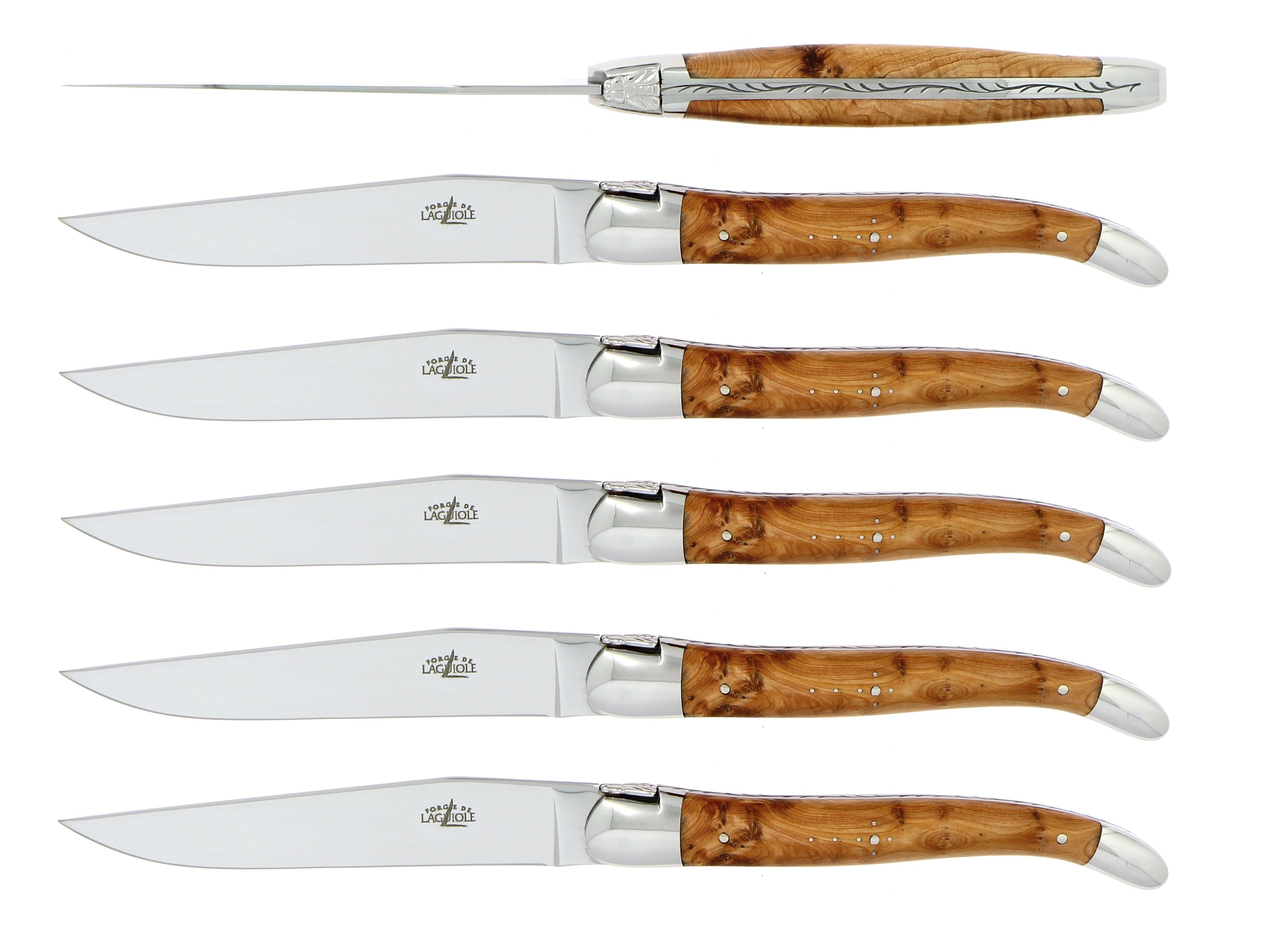 Coffret de 6 couteaux de table, manche en bois, mitre inox brillant – Laguiole Genévrier - Laguiole - Couteau à steak - 00004557 - T6 2M IN GE BRI - La Guilde Culinaire