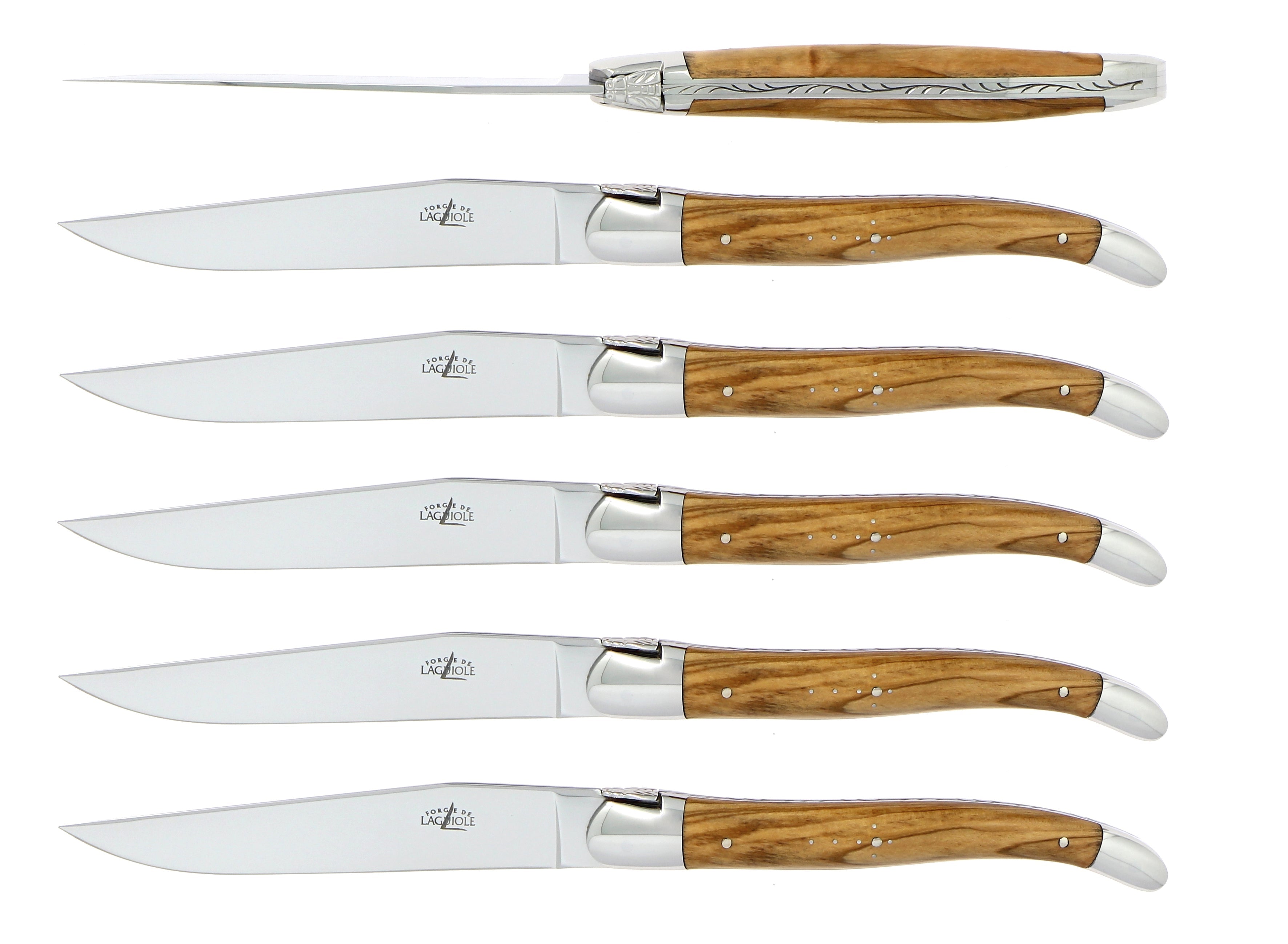 Coffret de 6 couteaux de table, manche en bois, mitre inox brillant – Laguiole Olivier - Laguiole - Couteau à steak - 00004563 - T6 2M IN OL BRI - La Guilde Culinaire