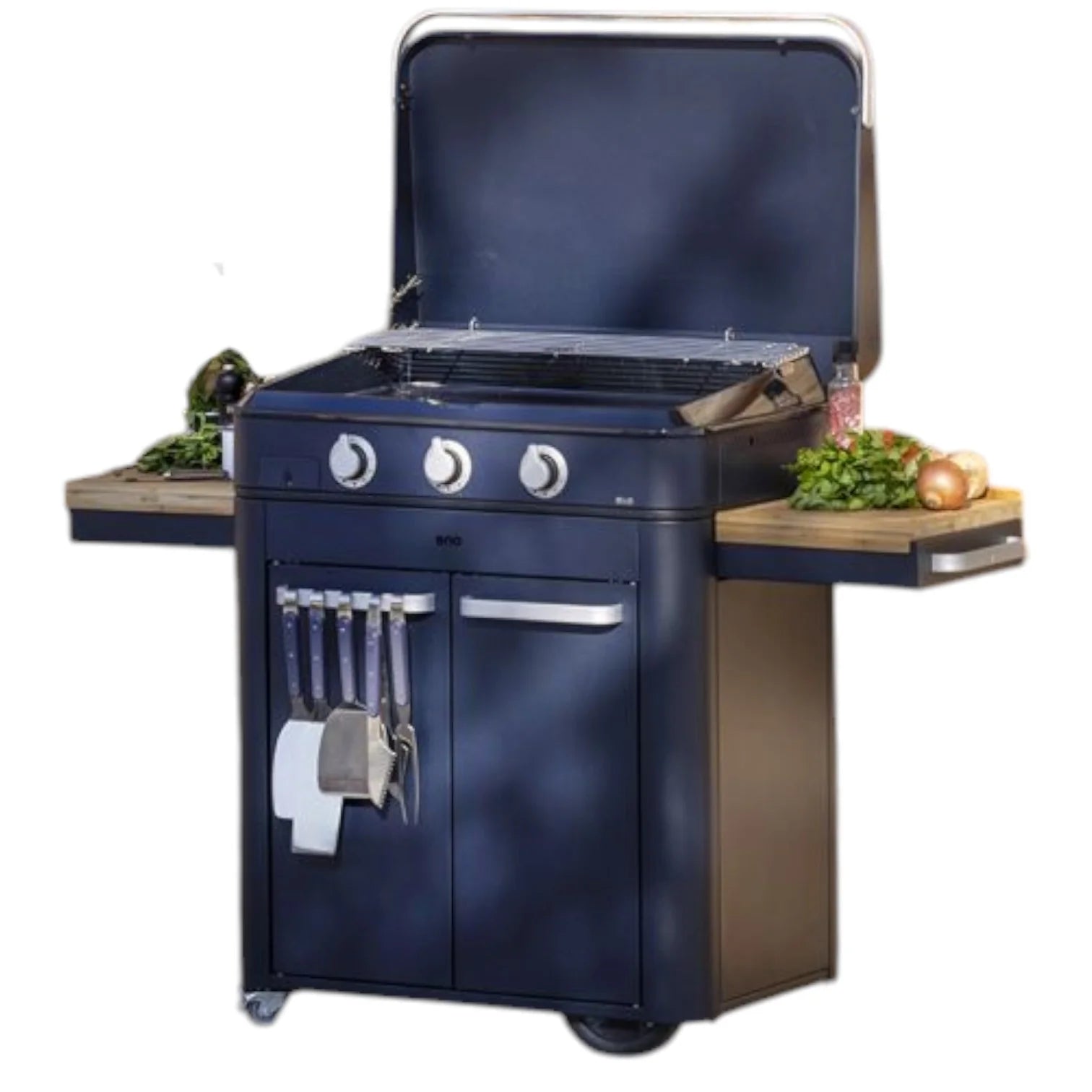 Eno - Ensemble Plancha 3 brûleurs avec couvercle et chariot ENOSIGN 80 - Bleu Navy - ENO - Ensemble plancha - - La Guilde Culinaire