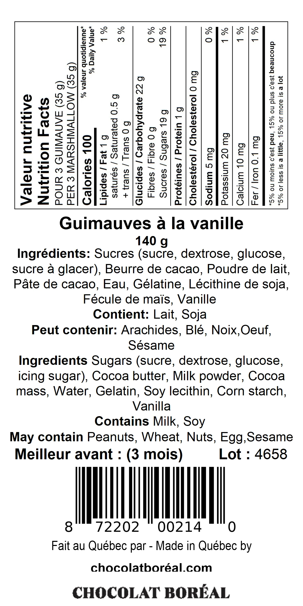 Guimauves Lait - Vanille - Chocolat Boréal - Chocolat - - La Guilde Culinaire