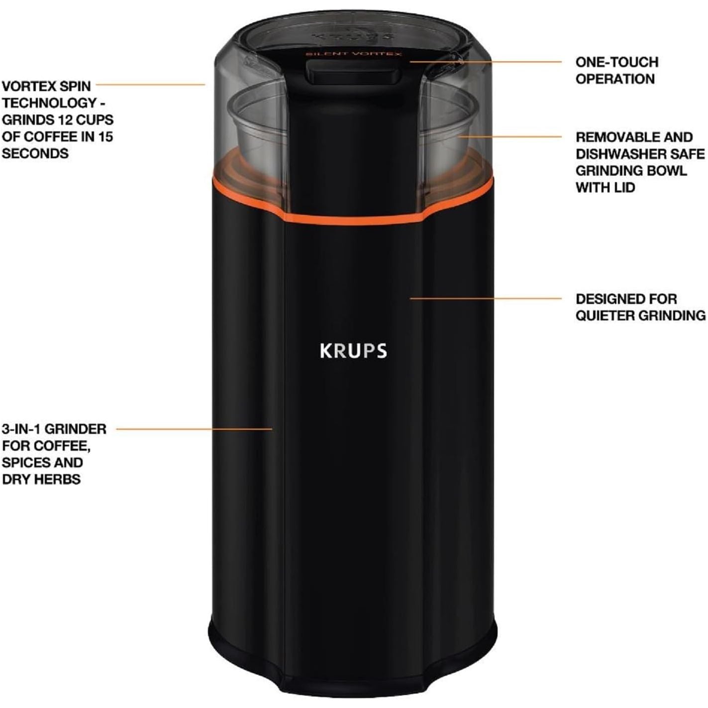 Moulin à café, épices et herbes sèches Silent Vortex 3-en-1 - Krups - Moulin à épices - - La Guilde Culinaire