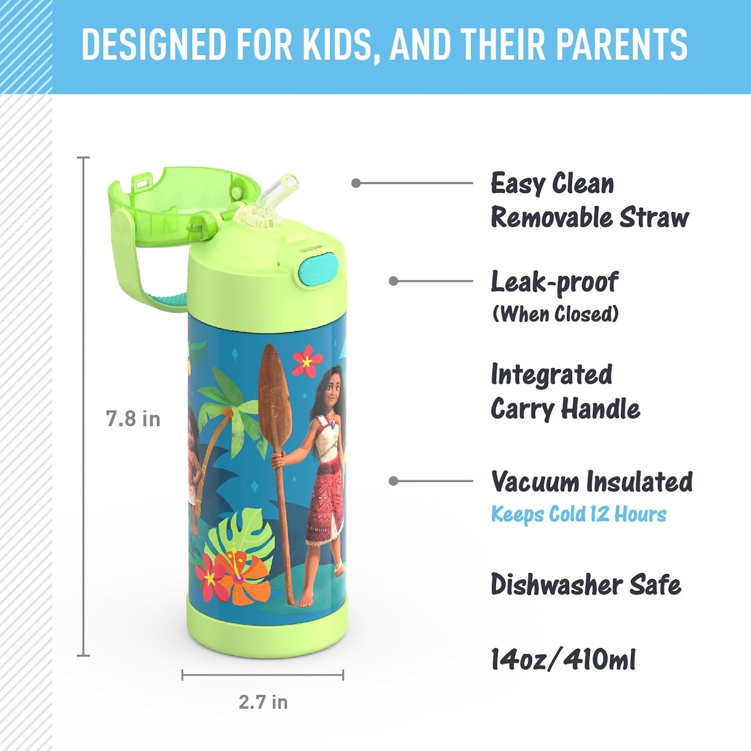 Bouteille d'eau FUNtainer avec paille 14oz (410 ml) - Moana - Thermos - Bouteille d'eau - - La Guilde Culinaire