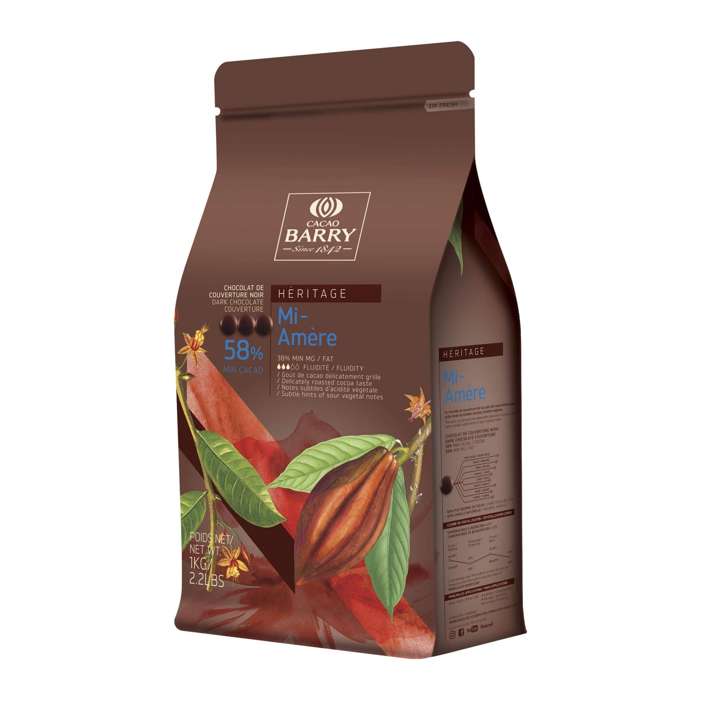 Chocolat Mi-Amère Héritage 58% 1kg - Cacao Barry - Chocolat noir - MI AMÈRE HÉRITAGE 58% - 1kg - La Guilde Culinaire
