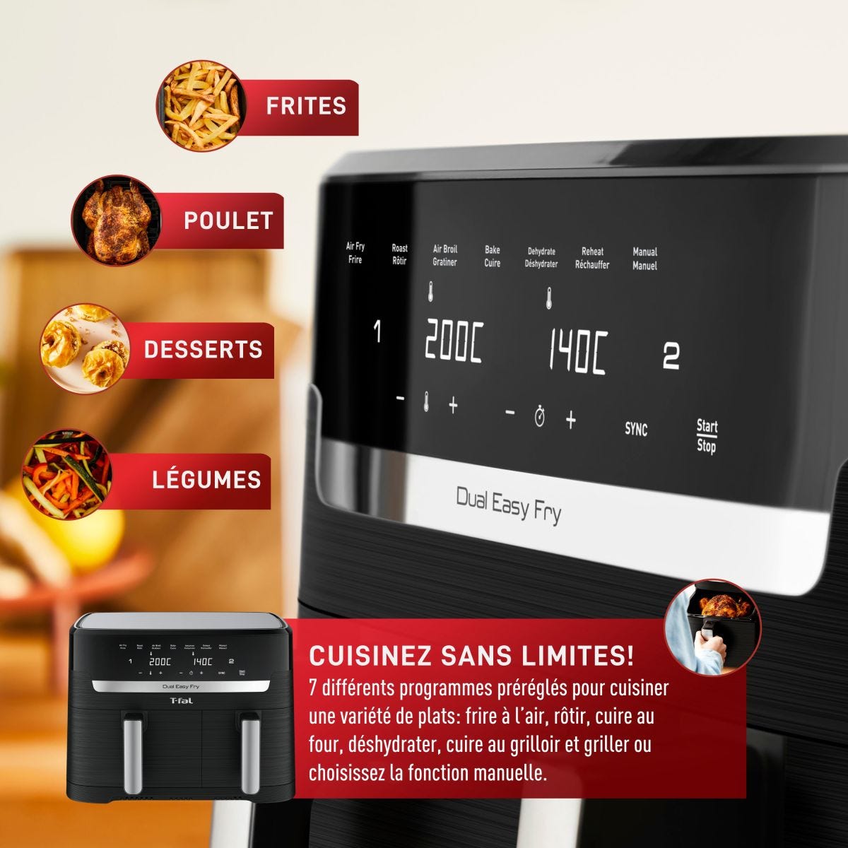 Friteuse à air, deux tiroirs 8,3 L- T-fal - T-fal - Air fryer - - La Guilde Culinaire