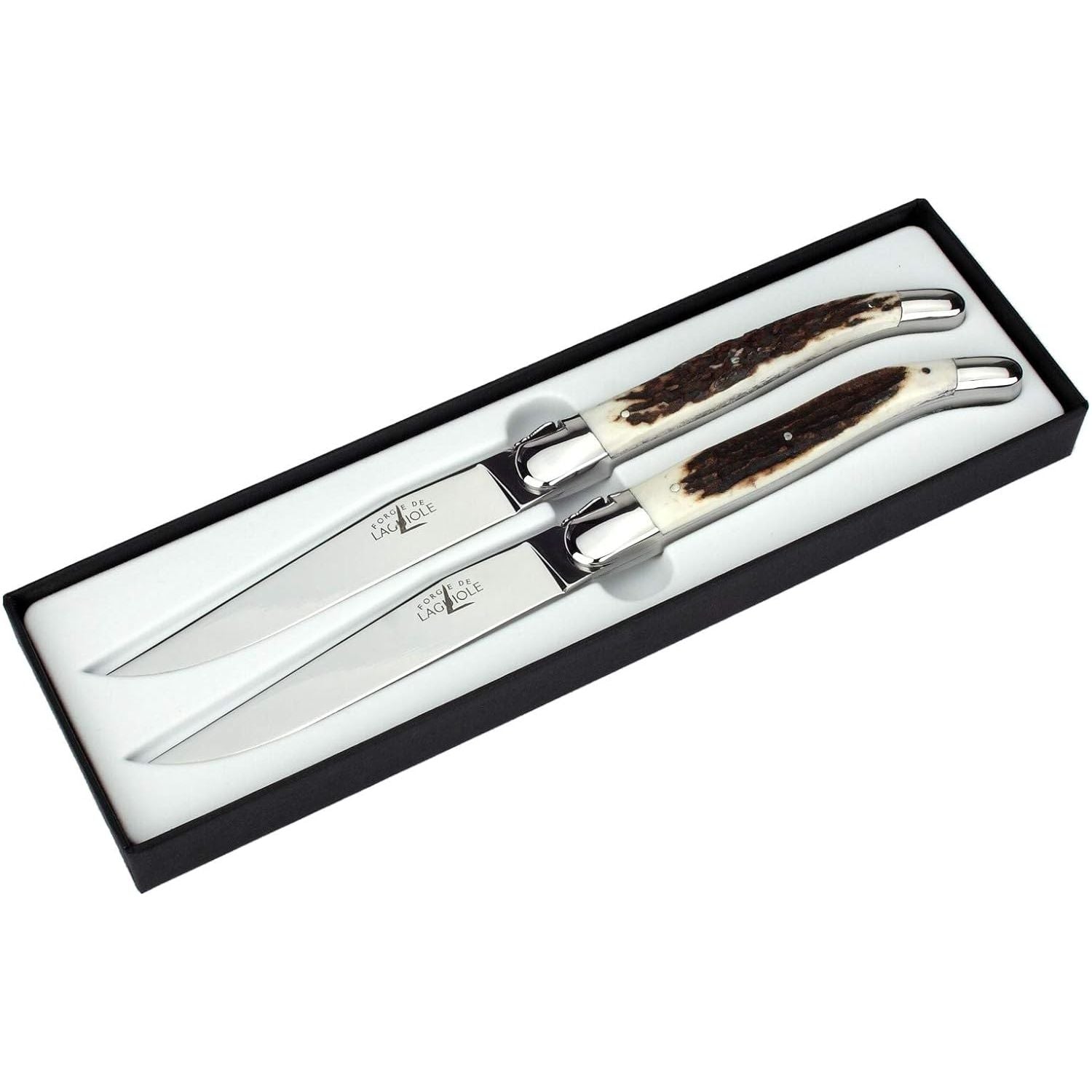 Coffret de 2 couteaux à steak, manche corne de cerf, coffret cadeau noir – Laguiole - Laguiole - Couteau à steak - - La Guilde Culinaire