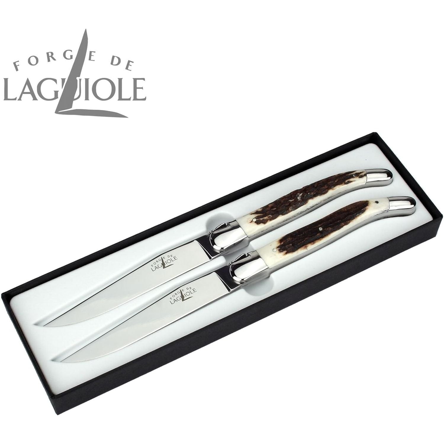 Coffret de 2 couteaux à steak, manche corne de cerf, coffret cadeau noir – Laguiole - Laguiole - Couteau à steak - - La Guilde Culinaire