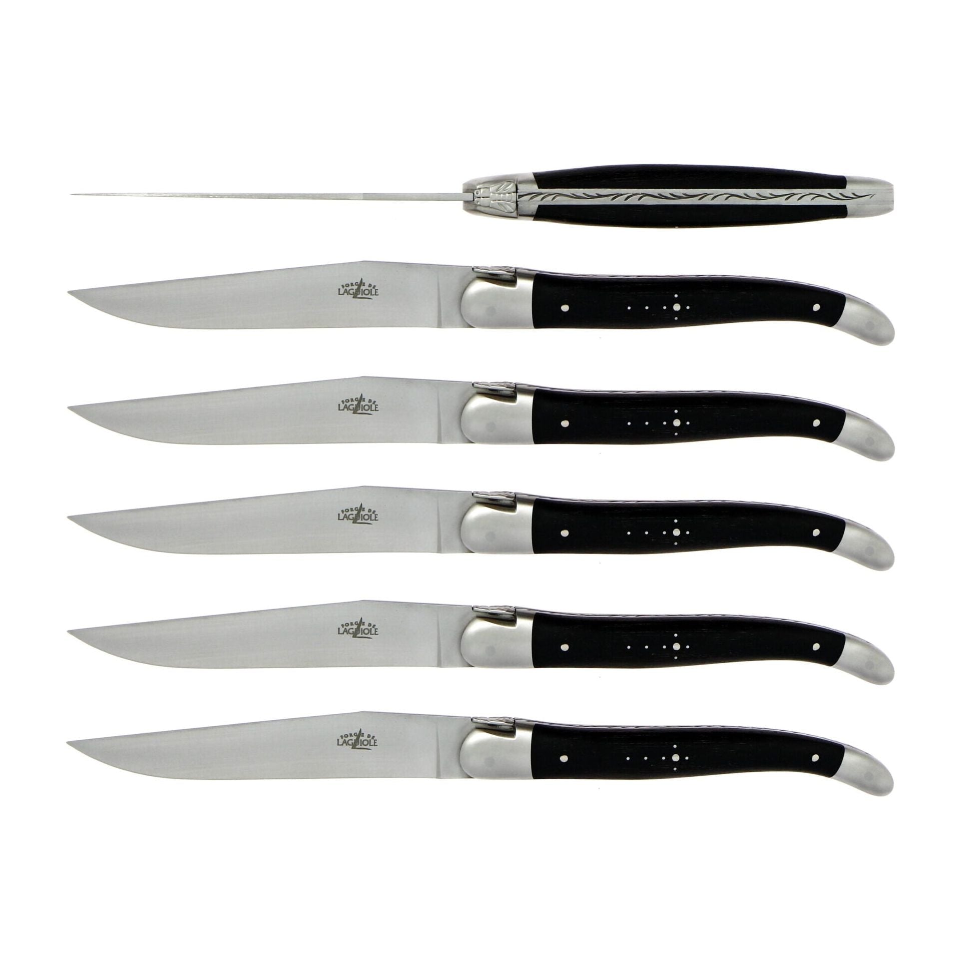 Couteau de table, mitre inox mat, Ébène – Laguiole Par 6 - Laguiole - Couteau à steak - 00004511 - T6 2M IN EB SAT - La Guilde Culinaire