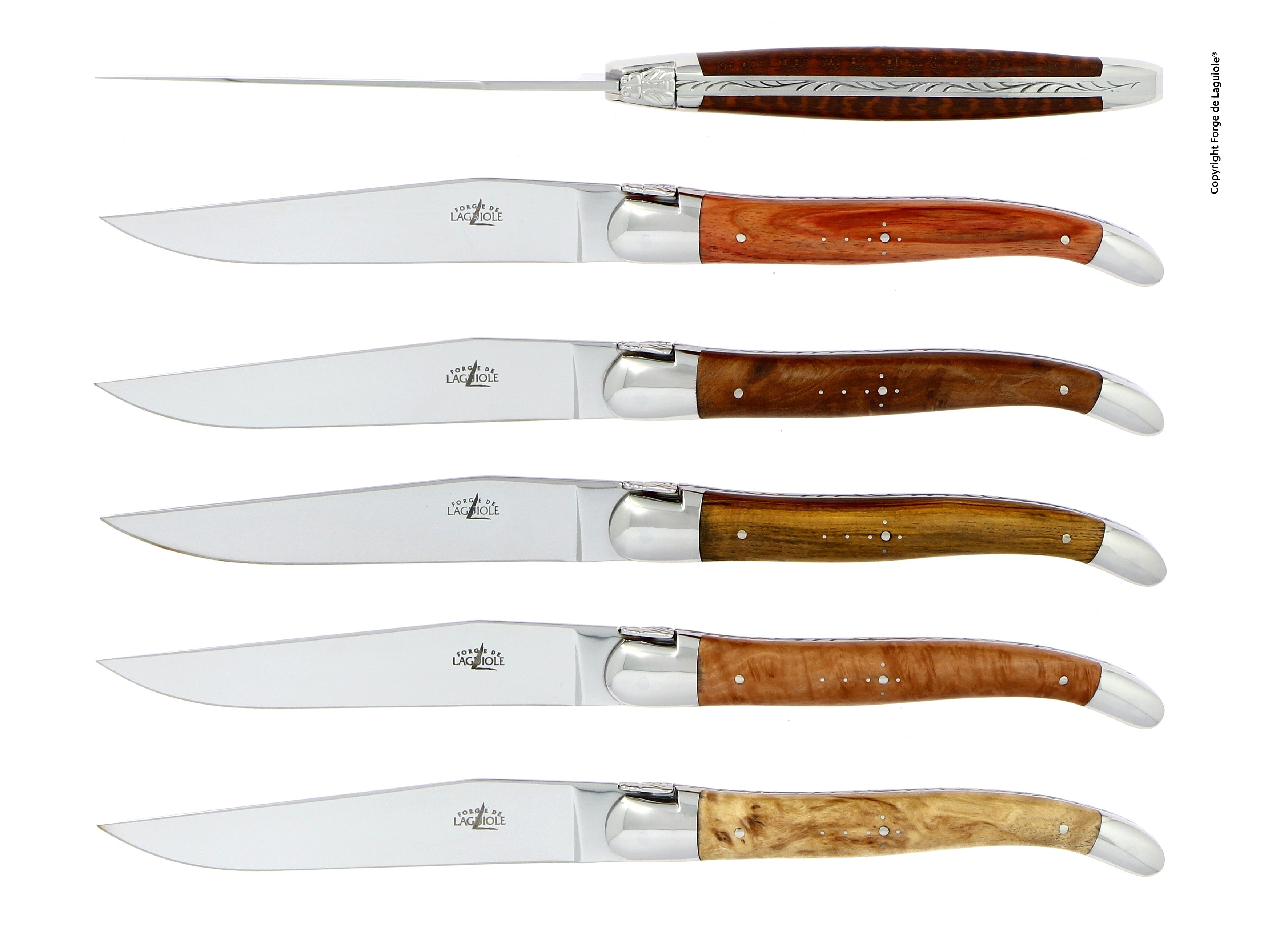 Coffret de 6 couteaux de table, manche en bois, mitre inox brillant – Laguiole Bois précieux assortis - Laguiole - Couteau à steak - 00006366 - T6 2M IN AW BRI - La Guilde Culinaire