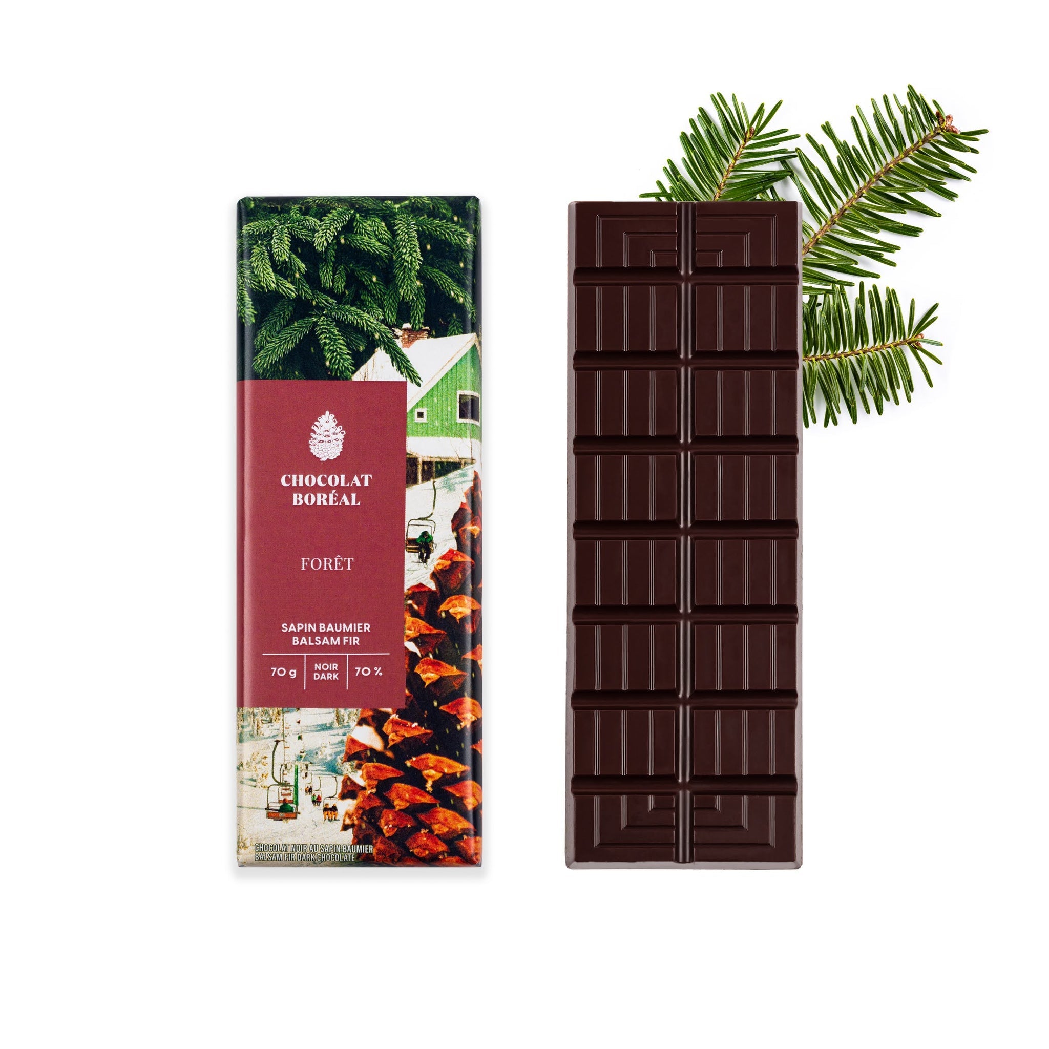 Tablette de chocolat Noir - Sapin baumier 70%    - Chocolat Boréal - Tablette de chocolat - 