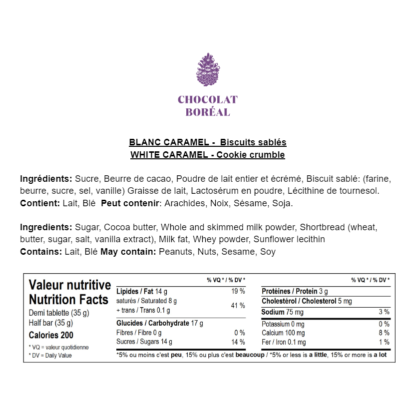 Tablette chocolat Gourmande BLANC - Caramel / sablé - Chocolat Boréal - Tablette de chocolat - - La Guilde Culinaire