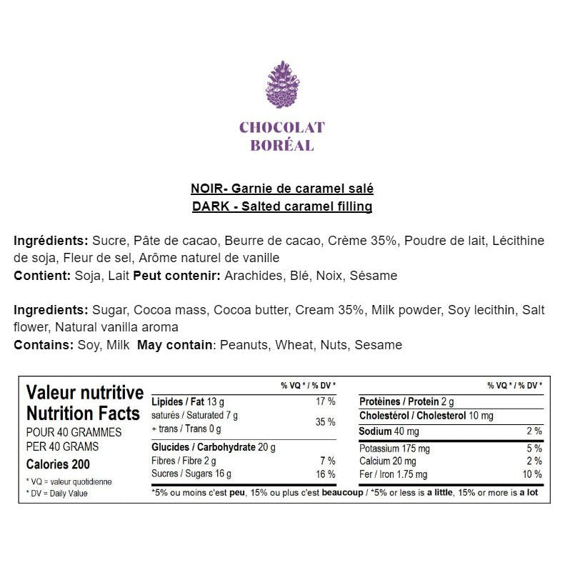 Tablette chocolat Gourmande NOIR - Garnie de caramel salé - Chocolat Boréal - Tablette de chocolat - - La Guilde Culinaire