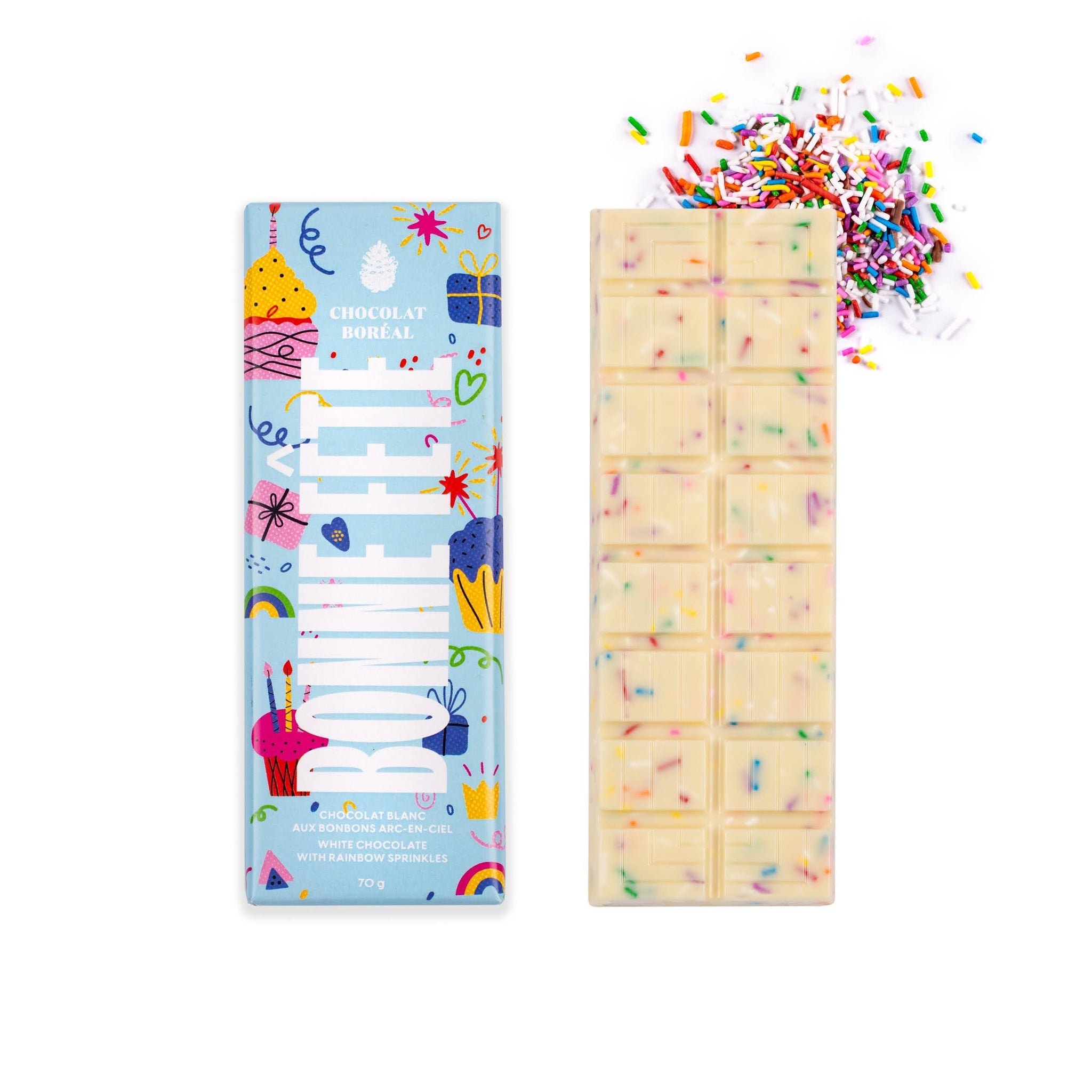 Tablette de chocolat Bonne fête BLANC - Bonbons arc-en-ciel - Chocolat Boréal - Tablette de chocolat - - La Guilde Culinaire