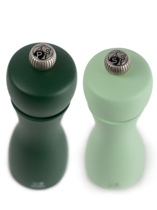 Set of Manual Beech Wood Salt and Pepper Mills in Moss Green & Mint Green, 5 in