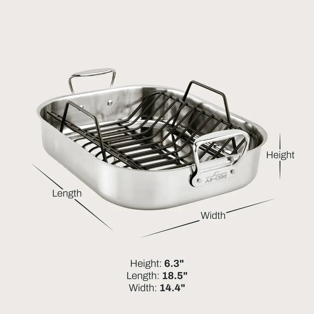 Accessoires Gourmet, Grande Rôtissoire en Acier Inoxydable avec support, 13 x 16 po - All-Clad - Rôtissoire - - La Guilde Culinaire