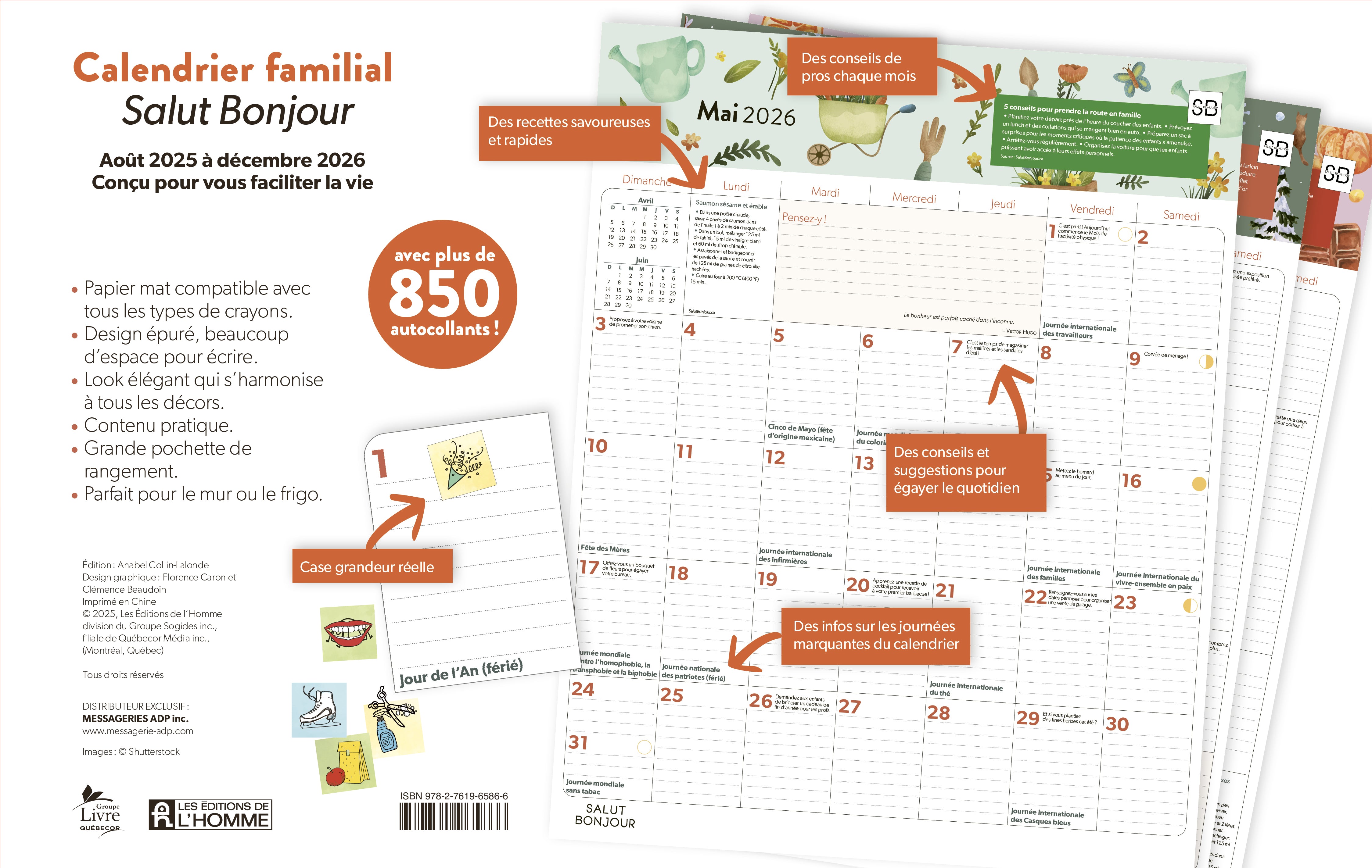 Calendrier familial Salut Bonjour 2025-2026 - De L'Homme Ed. - Livre de cuisine - - La Guilde Culinaire