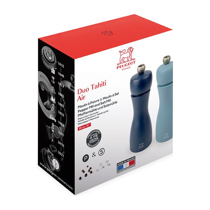 Duo de moulins à poivre et à sel manuels en bois 15 cm - Tahiti Air - Peugeot - Moulin à poivre, sel, et épices - - La Guilde Culinaire
