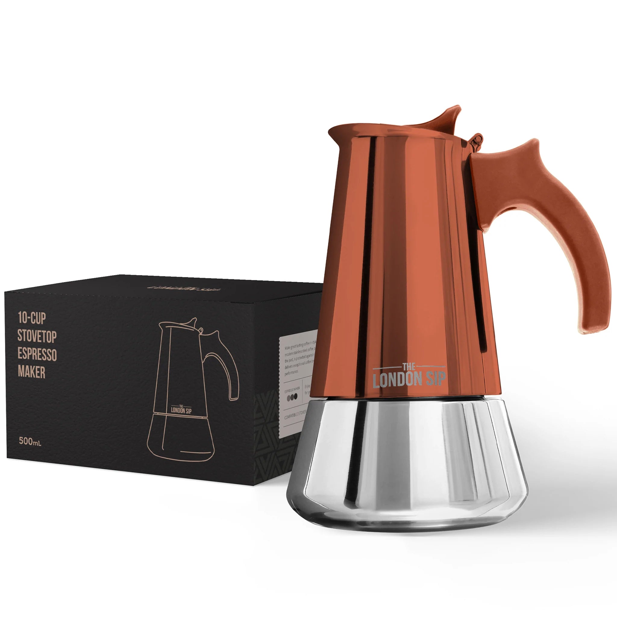 Machine à espresso 10 Tasses en acier inoxydable pour cuisinière Copper - The London Sip Company - Cafetière italienne - EM10C - La Guilde Culinaire