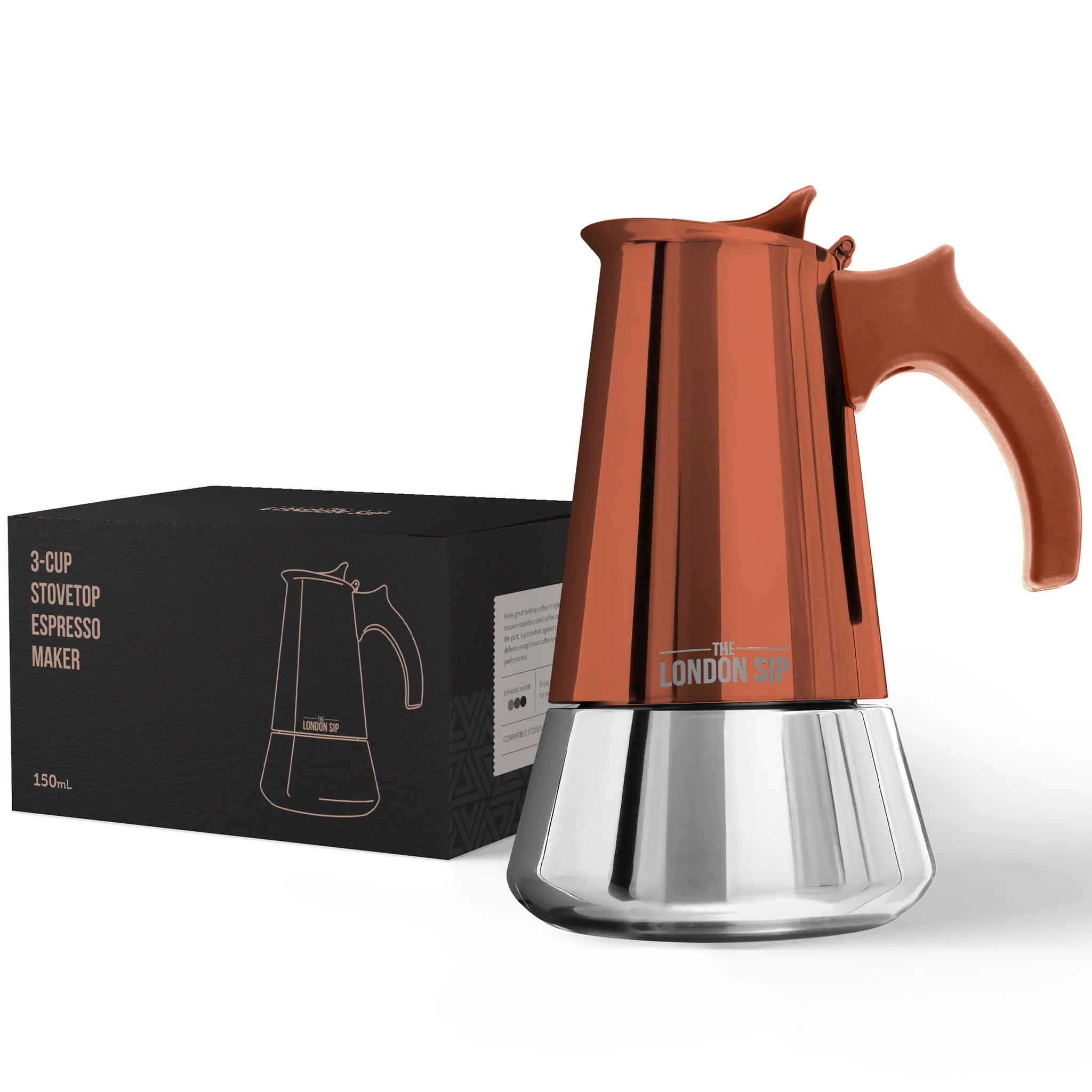 Machine à espresso 3 Tasses en acier inoxydable pour cuisinière Copper - The London Sip Company - Cafetière italienne - EM3C - La Guilde Culinaire