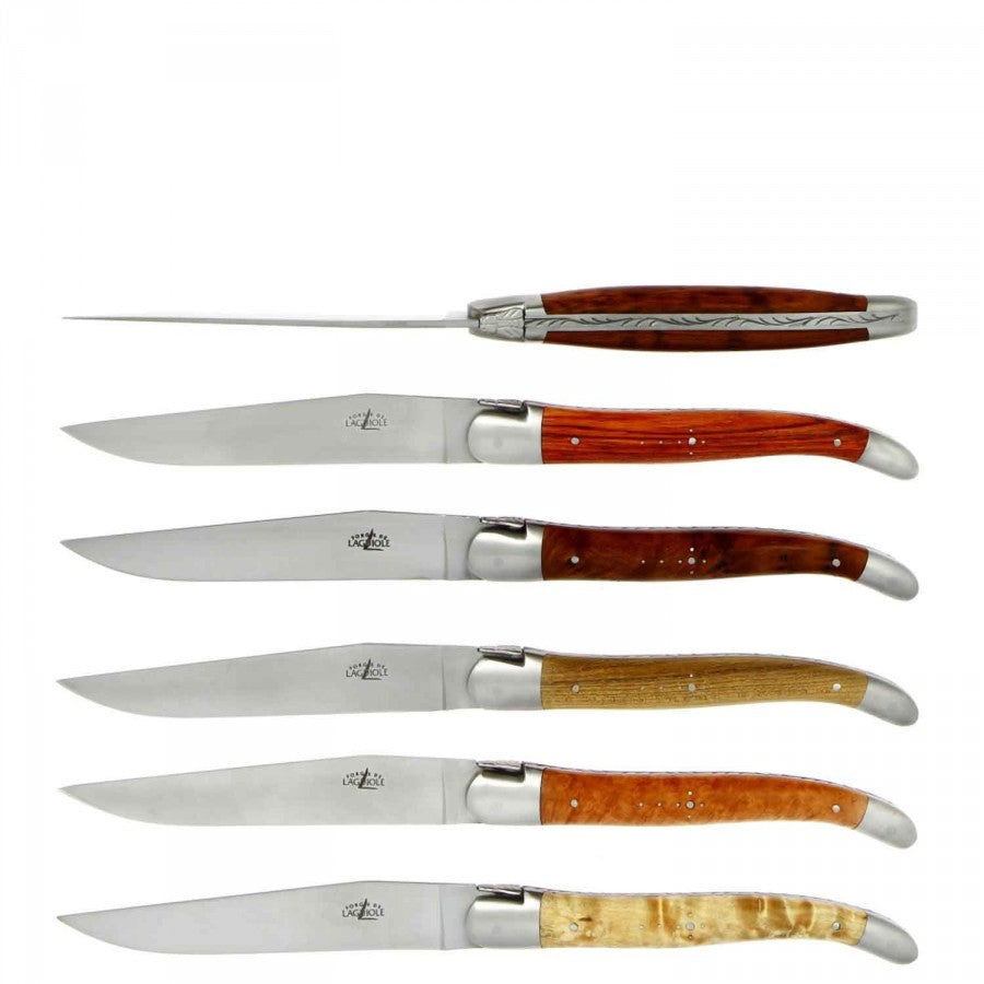 Coffret de 6 Couteaux de table Bois précieux assortis, mitre inox mat – Laguiole    - Laguiole - Couteau à steak - 