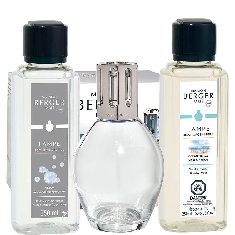 Coffret lampe Berger Essentielle ovale + 250 ml (8,5 oz) Neutre essentiel et 250 ml (8,5 oz) Vent d’océan ! - Maison Berger Paris - Coffret Lampe Berger - - La Guilde Culinaire