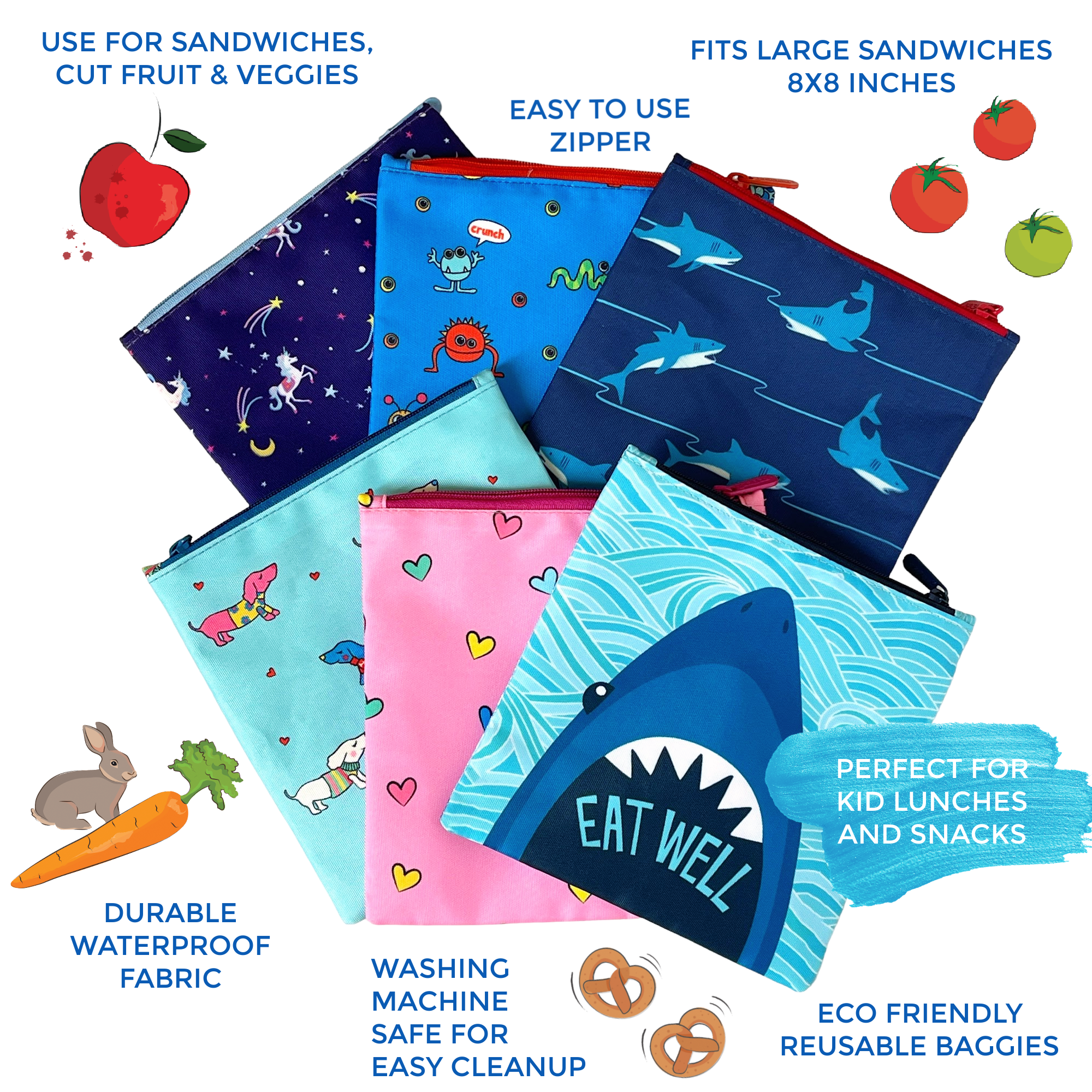 Sachets réutilisables pour encas et sandwichs — Lot de 2, motifs cœurs et chiens - Yumbox - Boîte à repas - - La Guilde Culinaire
