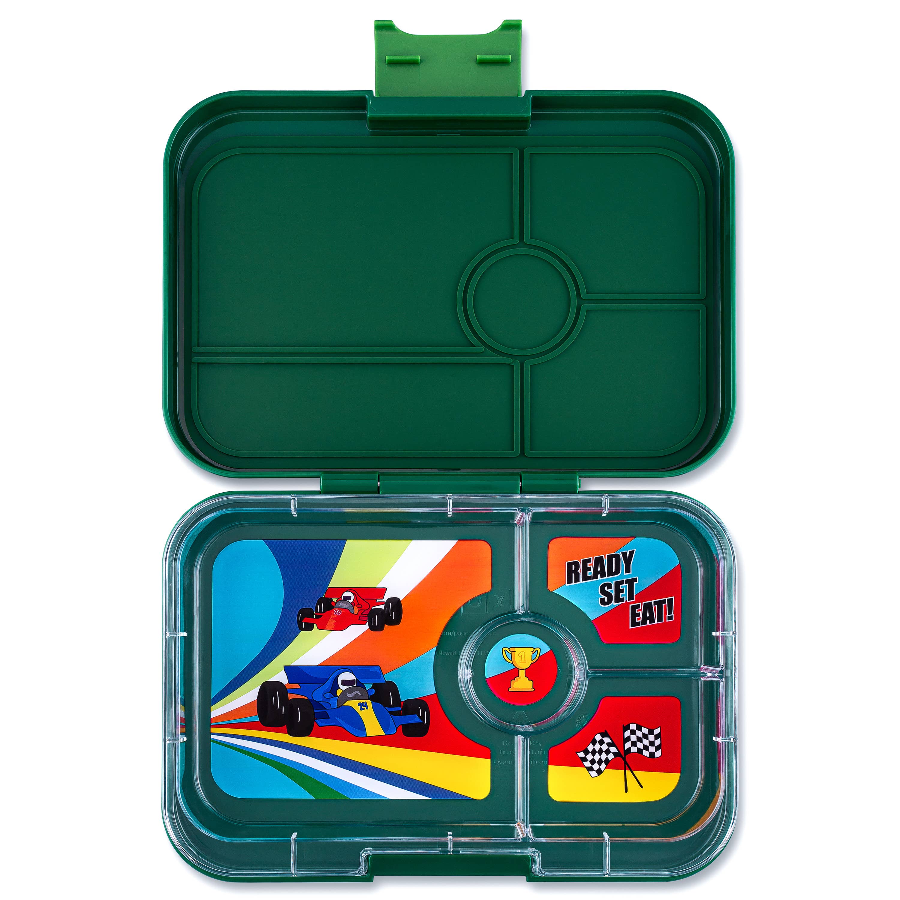 Yumbox Tapas - Boîte Bento étanche avec plateaux à 4 ou 5 compartiments Greenwich Green 4C with Race Cars Tray - Yumbox - Boîte à repas - GGIII202303C - La Guilde Culinaire