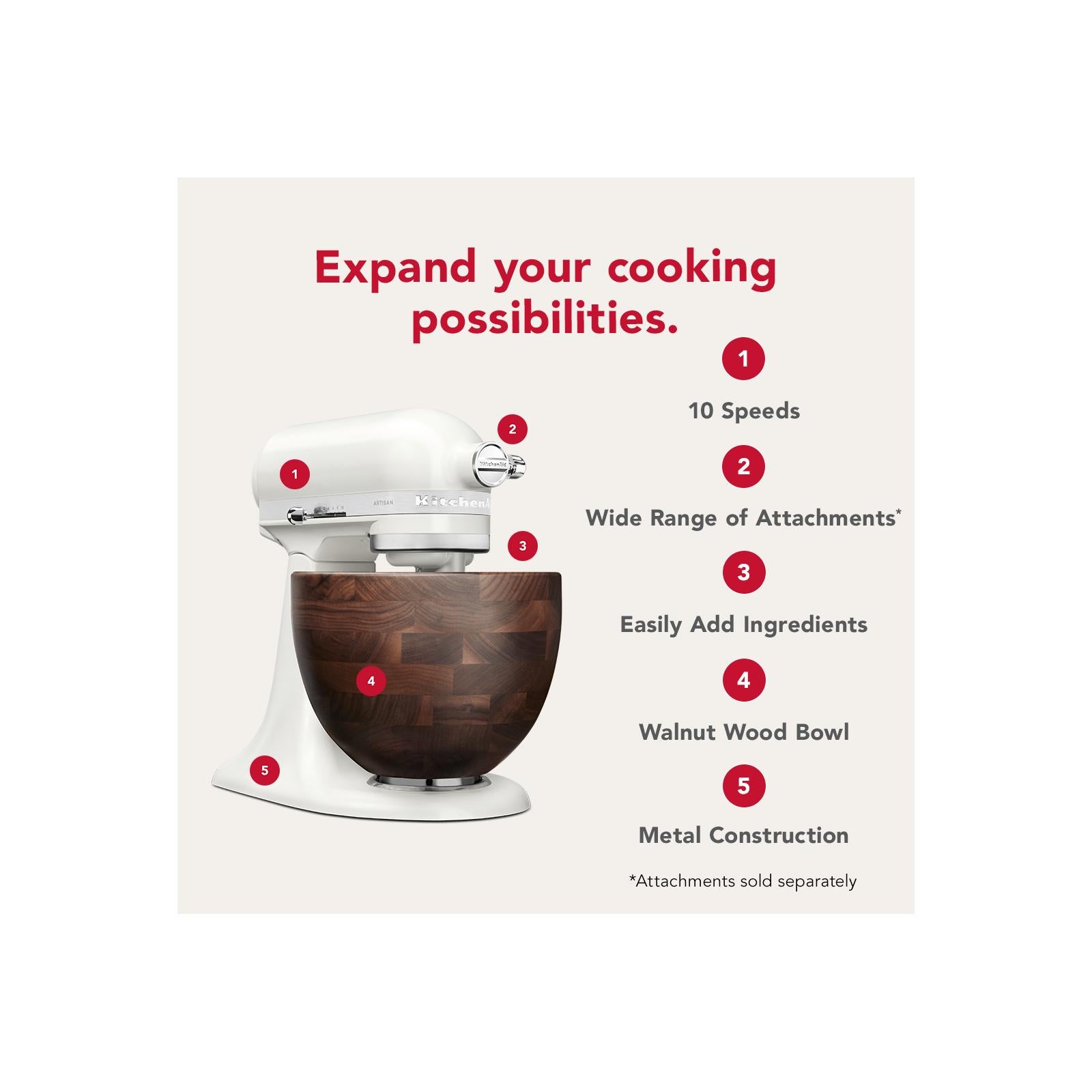 Batteur sur socle à tête inclinable de la série Artisan KitchenAid de 5 pintes avec bol en bois de noyer - Kitchenaid - Batteur sur socle - - La Guilde Culinaire