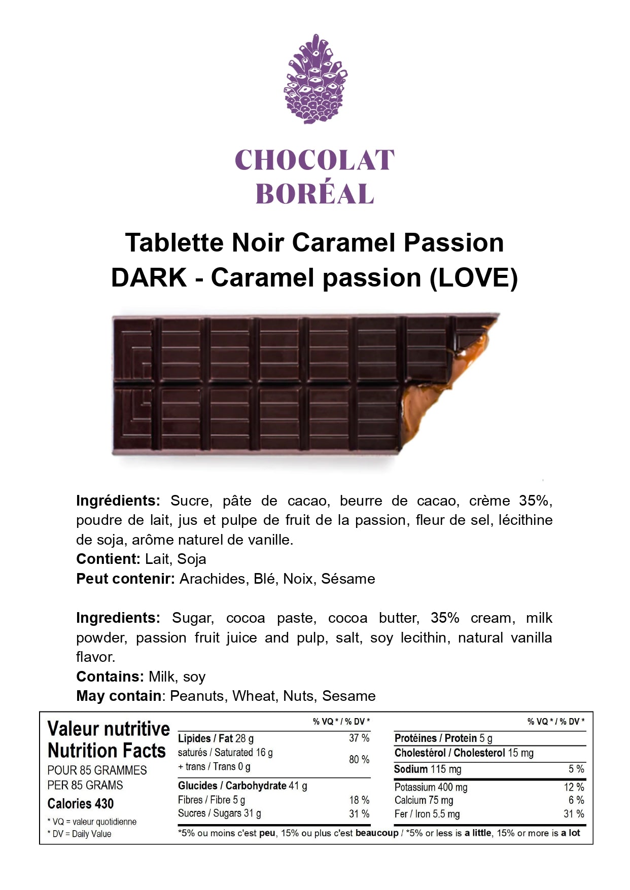 Tablette de chocolat Noir 70% - Caramel passion (Tablette Saint-Valentin)    - Chocolat Boréal - Tablette de chocolat - 