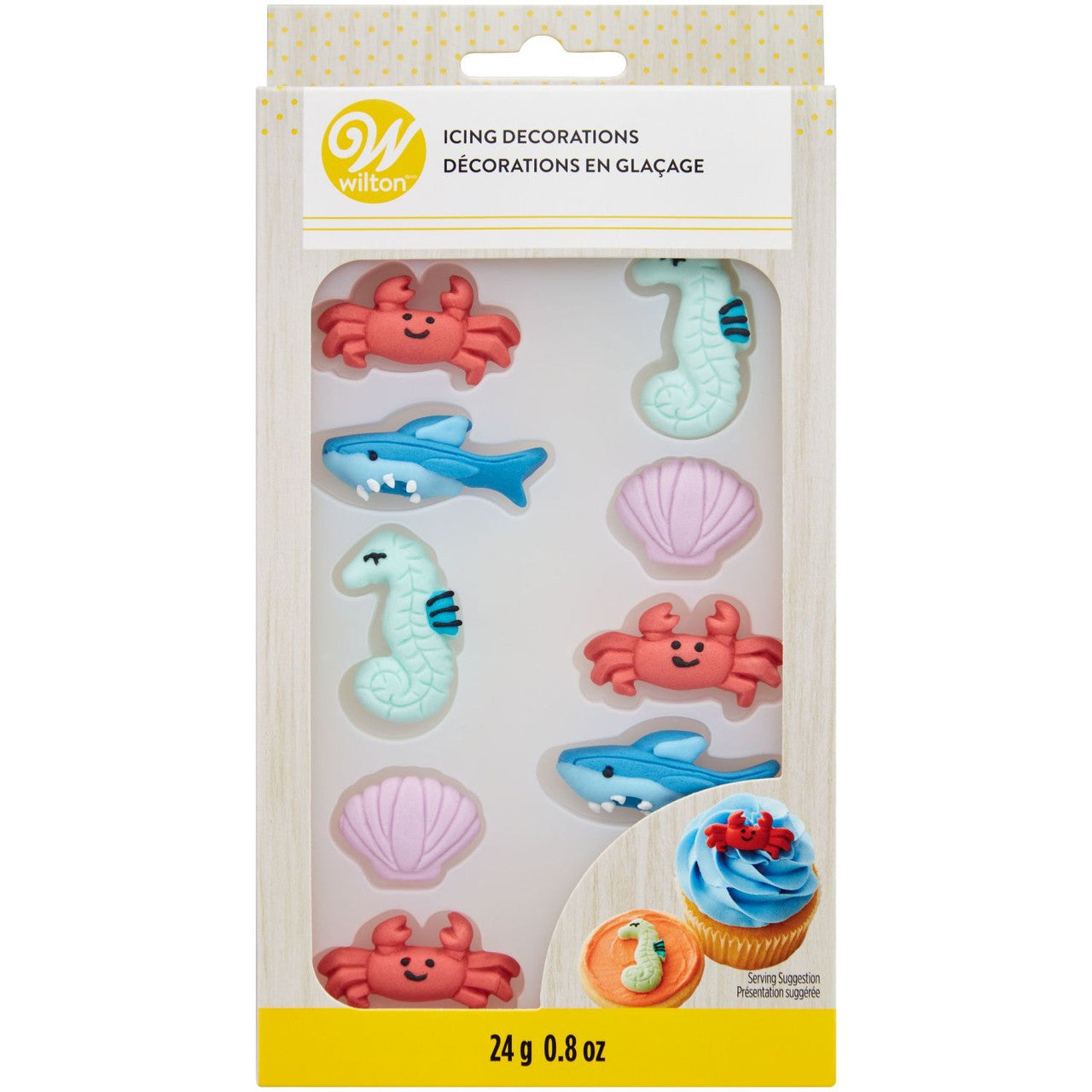 Décorations en glaçage royal en forme de crabe, coquillage, hippocampe et requin (12 pièces) - Wilton - Décors sucrés - - La Guilde Culinaire