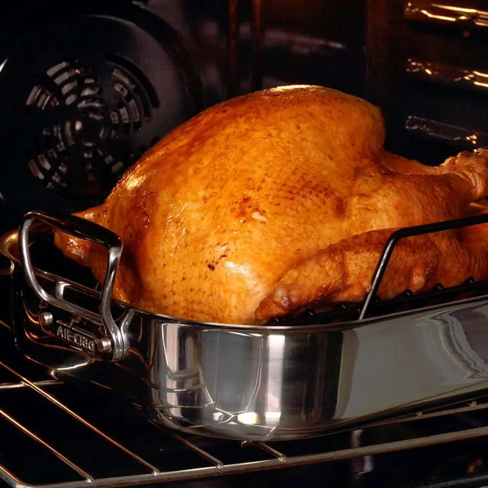 Accessoires Gourmet, Grande Rôtissoire en Acier Inoxydable avec support, 13 x 16 po - All-Clad - Rôtissoire - - La Guilde Culinaire