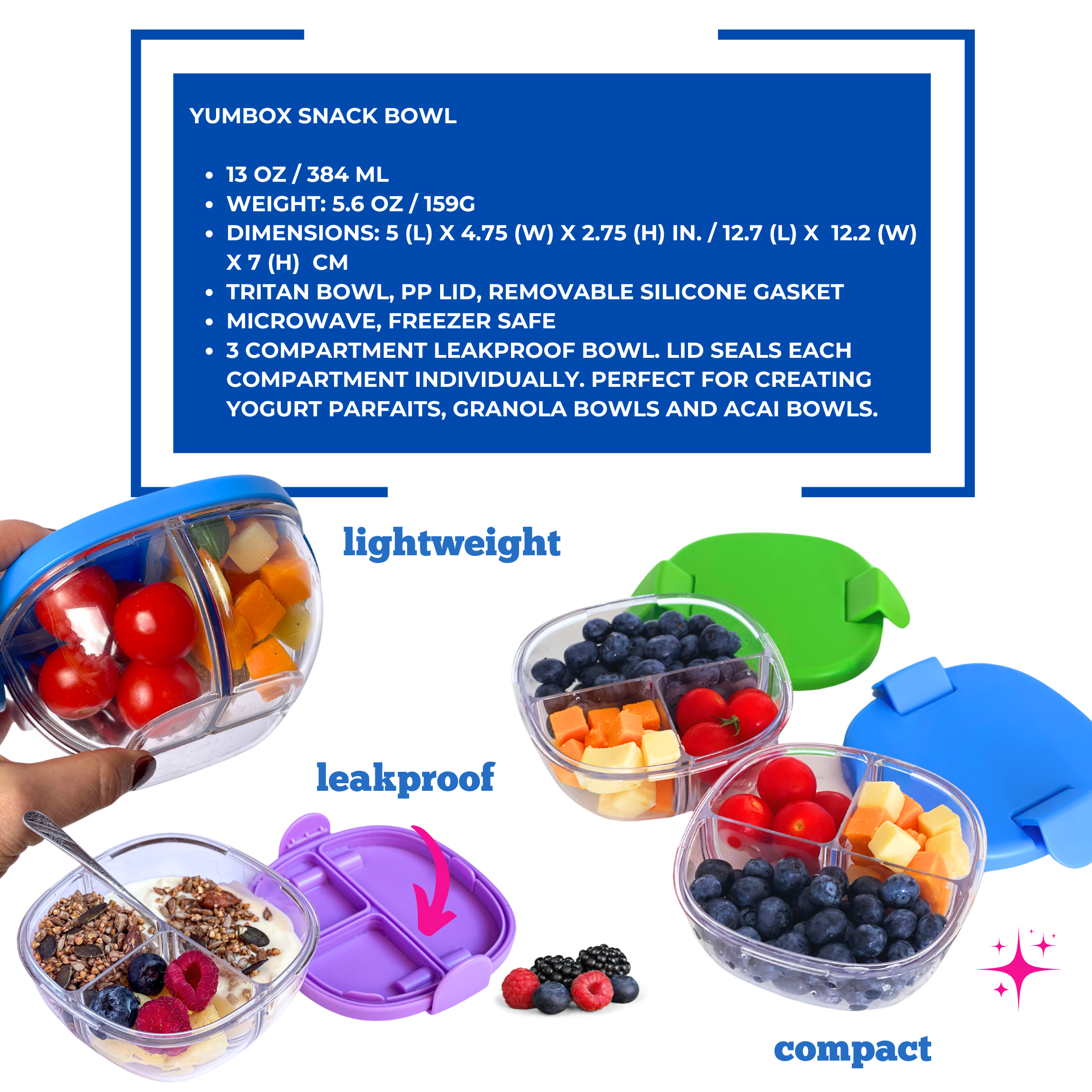 Bol à collations compact et étanche à 3 compartiments - Yumbox - Boîte à repas - - La Guilde Culinaire