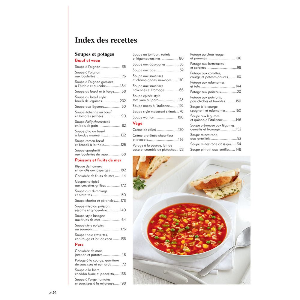 table des matières du livre de cuisine