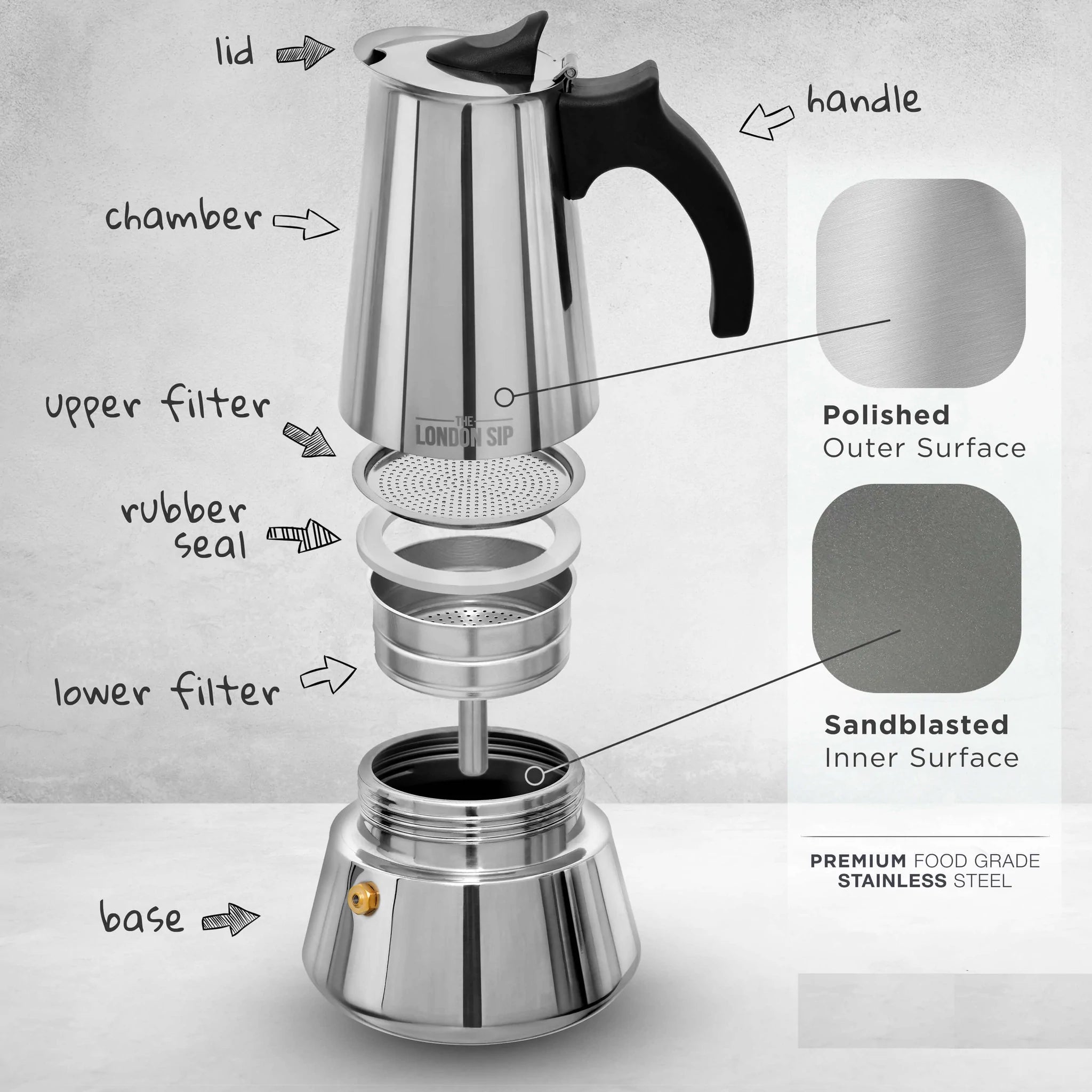 London Sip Stainless Steel Espresso Maker, 3 Cup